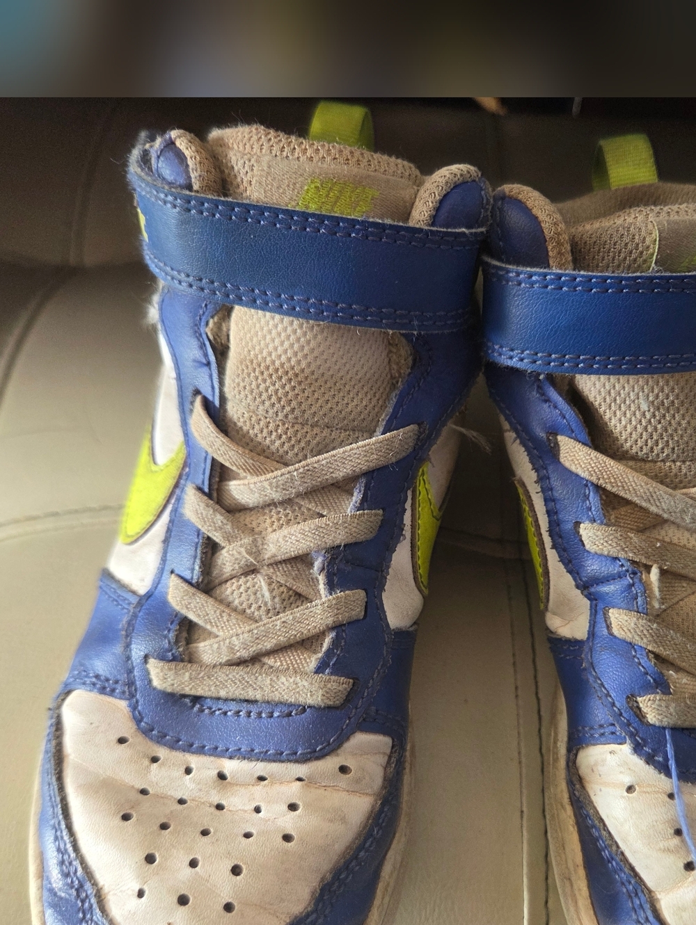 Nike Kids White, Royal Blue and Neon Yellow/Green High-Top Sneakers Size 11c
